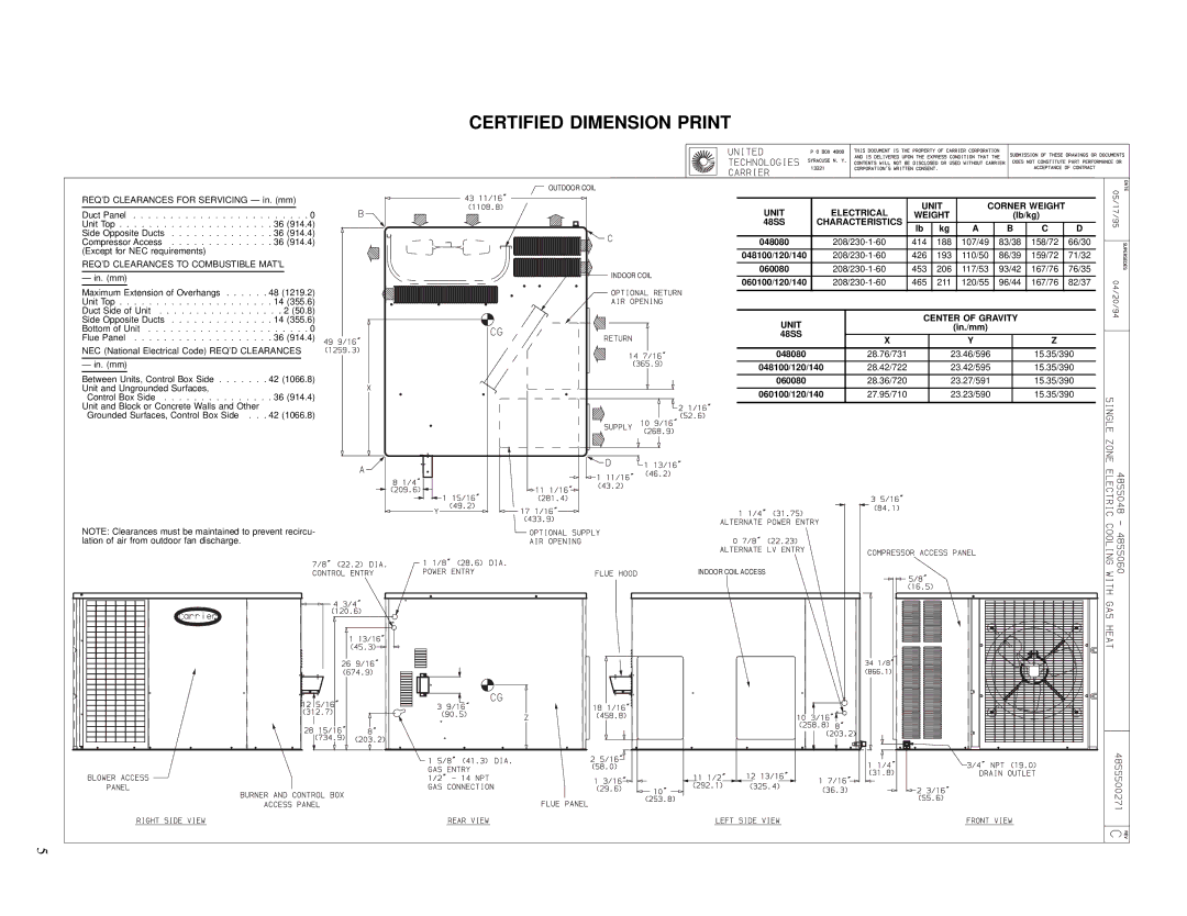 Carrier 48SS060, 48SS036, 48SS042, 48SS024, 48SS030, 48SS018, 48SS048 Unit Electrical, Characteristics, Unit Center of Gravity 