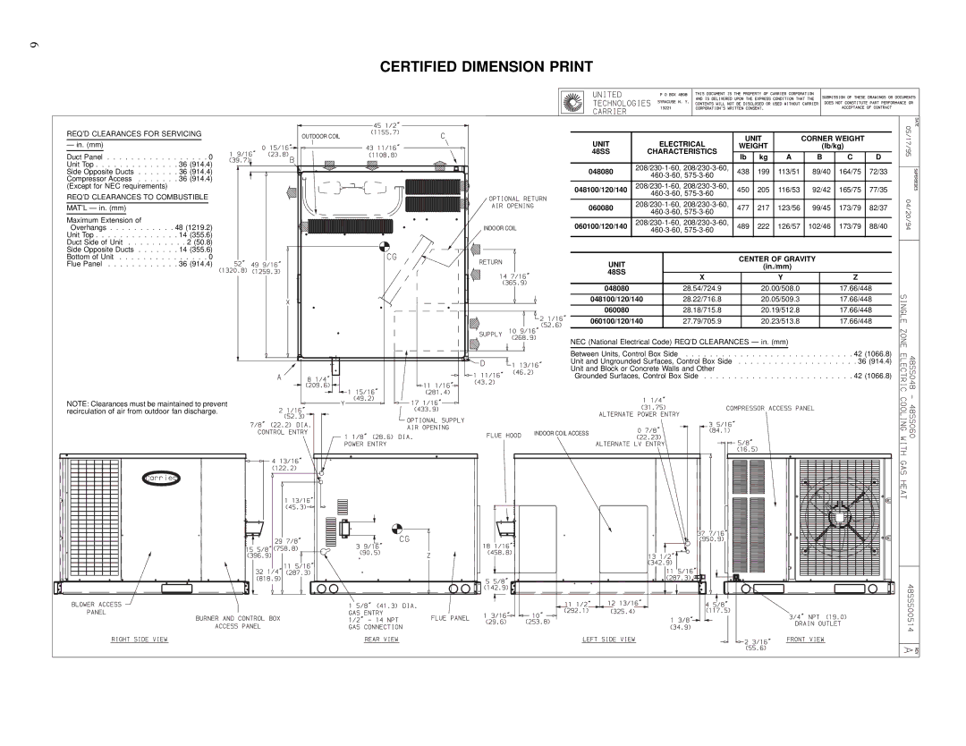 Carrier 48SS048, 48SS036, 48SS042, 48SS024, 48SS030, 48SS018, 48SS060 manual Unit Electrical Corner Weight 