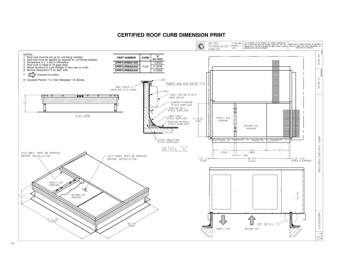 Carrier 48SS036 Certified Roof Curb Dimension Print, Part Number Curb, CPRFCURB001A00, CPRFCURB002A00 Flat CPRFCURB003A00 