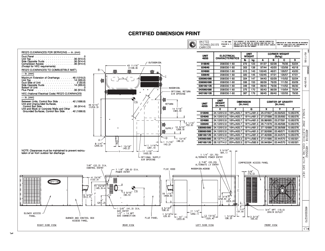 Carrier 48SS030, 48SS036, 48SS042, 48SS024, 48SS018, 48SS060, 48SS048 manual Certified Dimension Print 