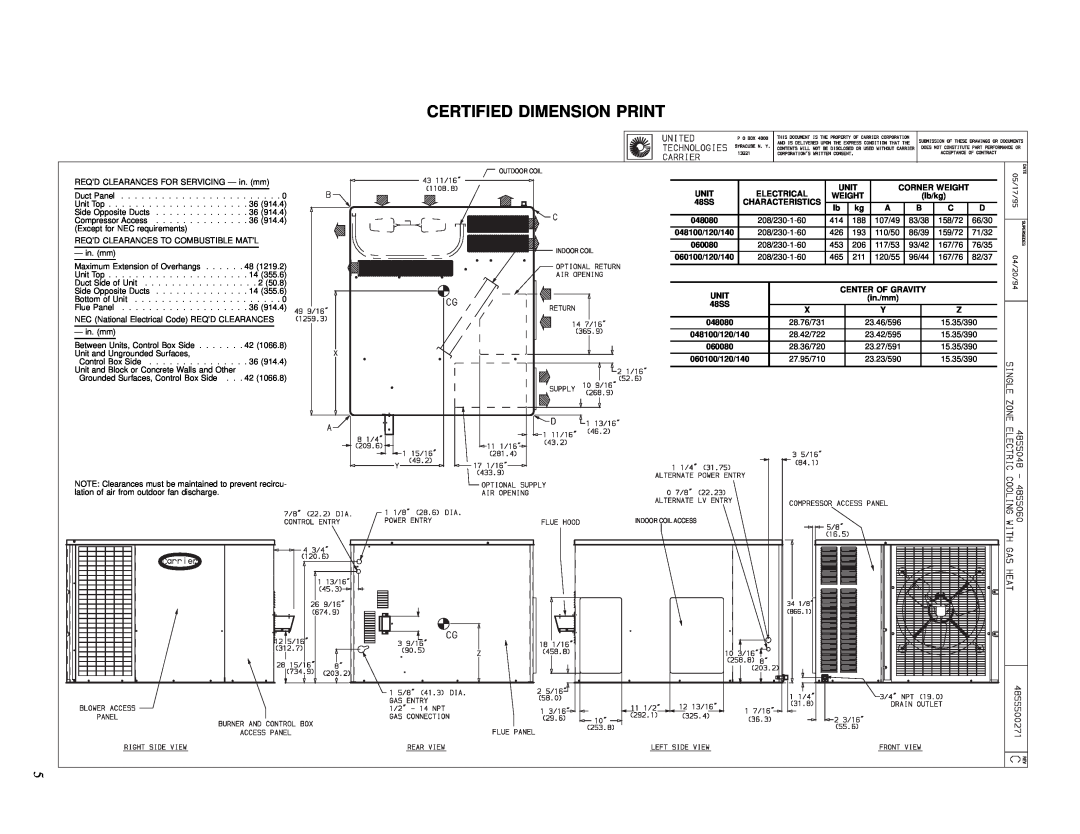 Carrier 48SS060, 48SS036, 48SS042, 48SS024, 48SS030, 48SS018, 48SS048 manual Certified Dimension Print, Unit 