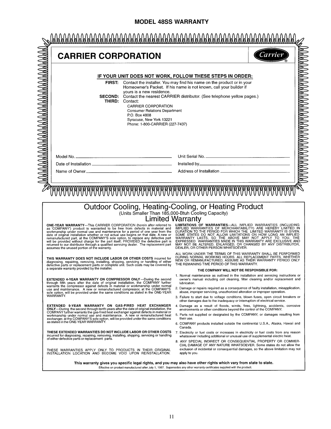 Carrier 48SX specifications Model 48SS Warranty 