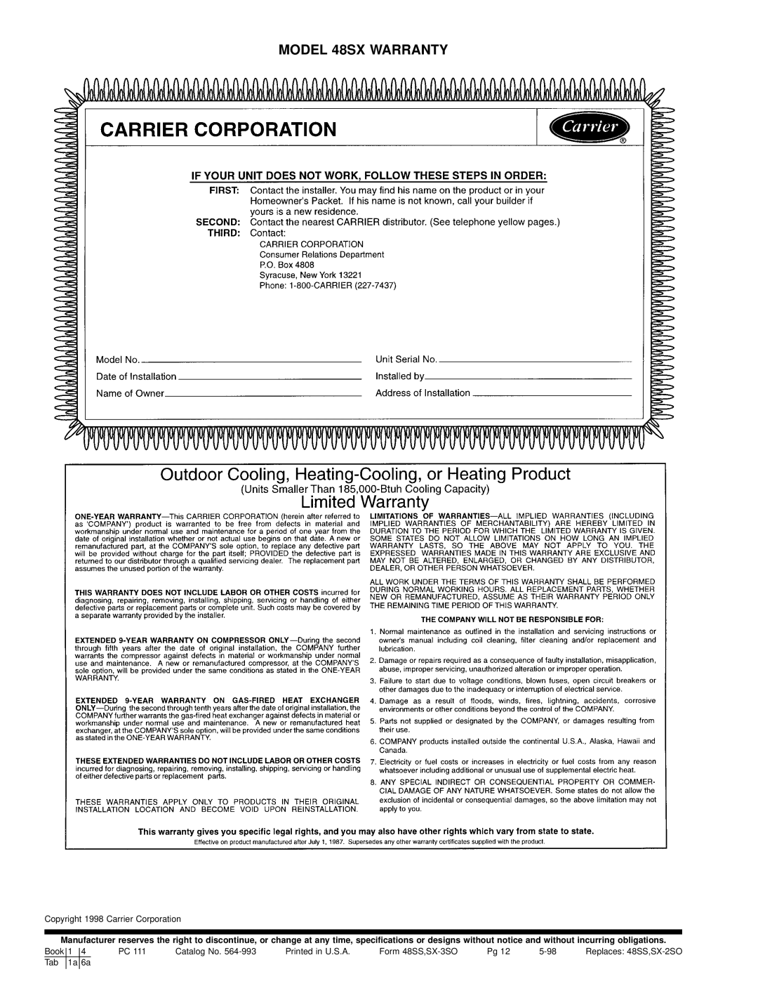 Carrier specifications Model 48SX Warranty 