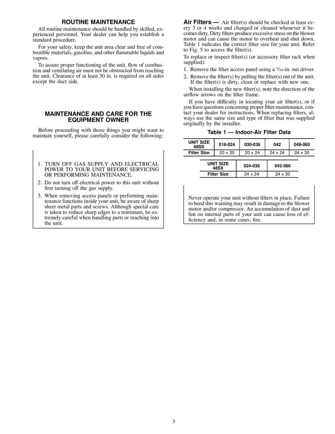 Carrier 48SX specifications Routine Maintenance, Maintenance and Care for Equipment Owner 