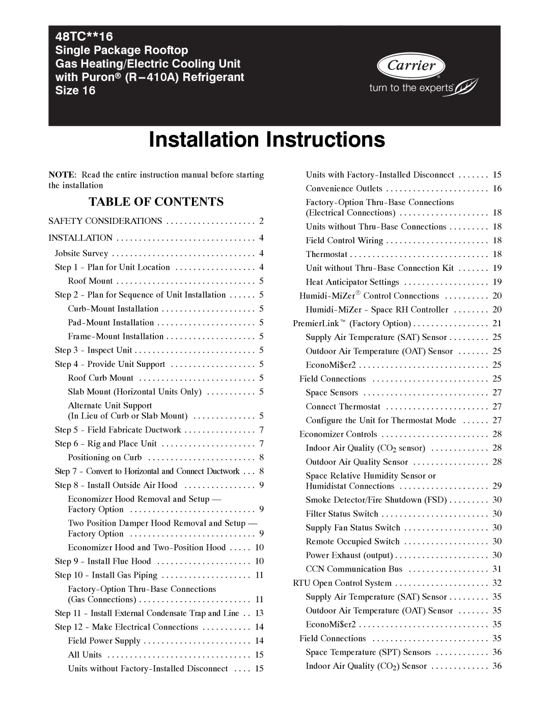 Carrier 48TC**16 installation instructions Installation Instructions 