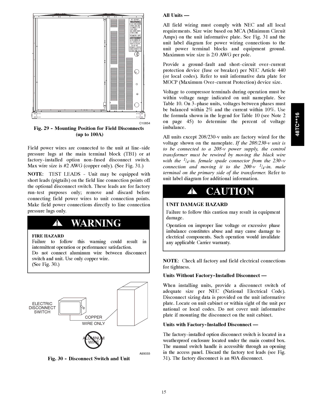 Carrier 48TC**16 Units Without Factory-Installed Disconnect, Units with Factory-Installed Disconnect 