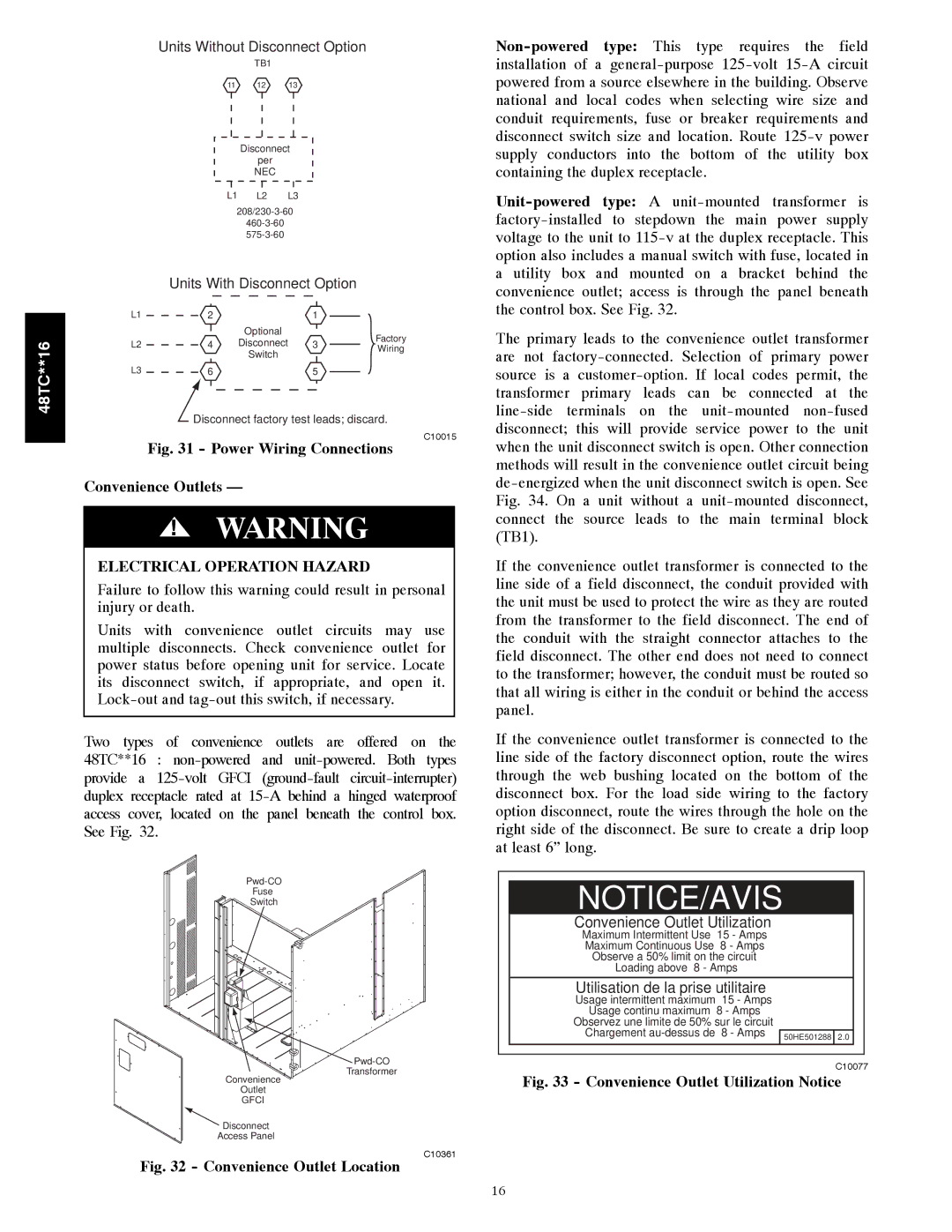 Carrier 48TC**16 installation instructions Power Wiring Connections Convenience Outlets, Electrical Operation Hazard 