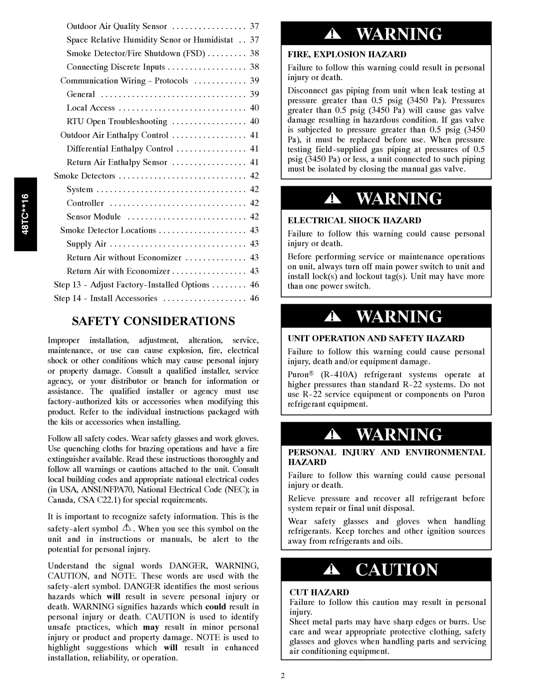 Carrier 48TC**16 FIRE, Explosion Hazard, Electrical Shock Hazard, Unit Operation and Safety Hazard, CUT Hazard 