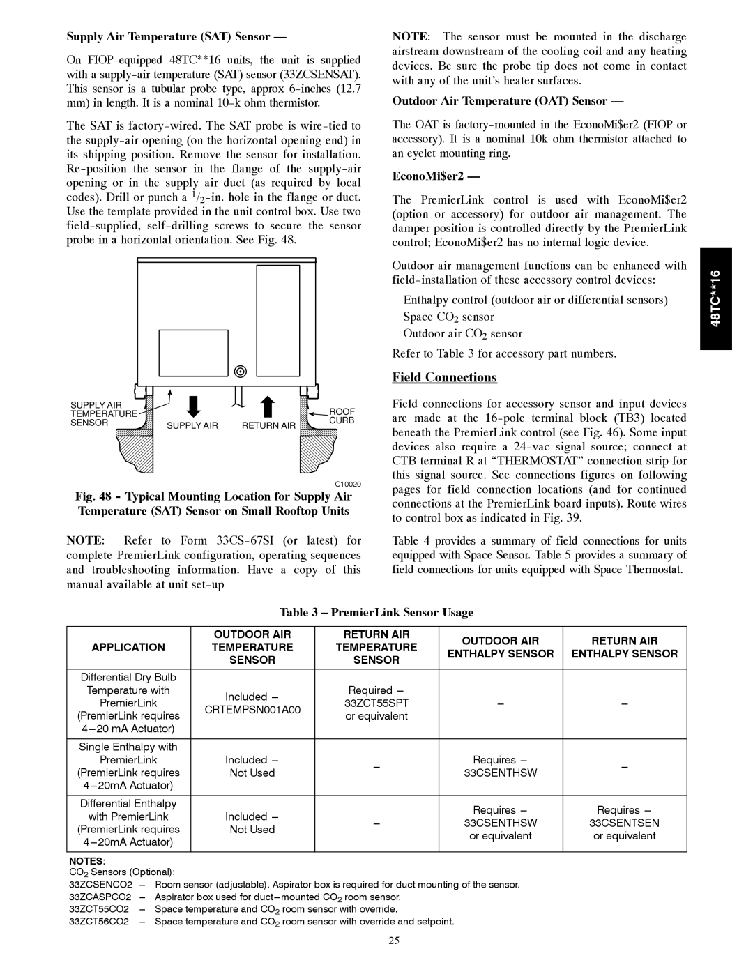 Carrier 48TC**16 Field Connections, Supply Air Temperature SAT Sensor, EconoMi$er2, PremierLink Sensor Usage 