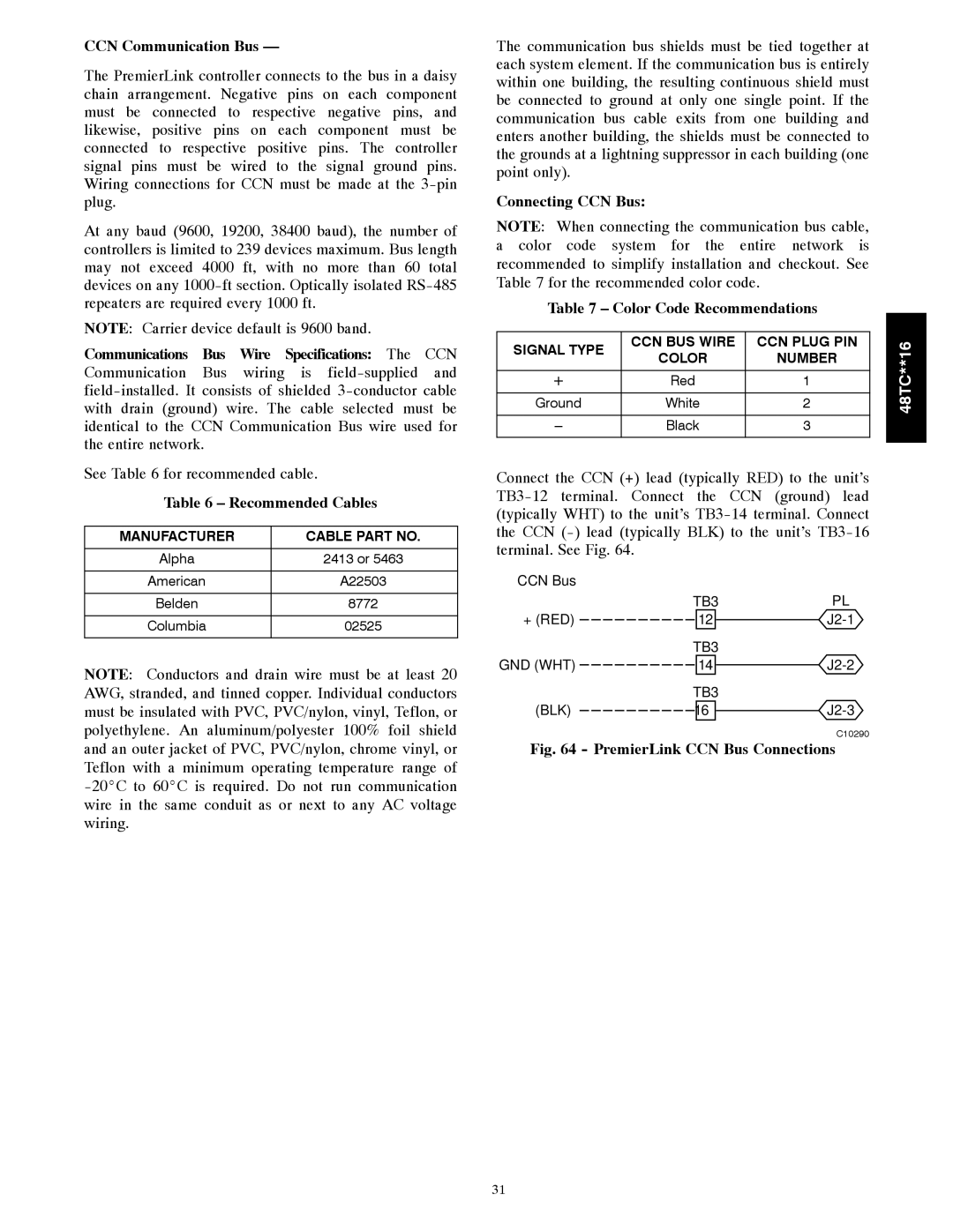 Carrier 48TC**16 CCN Communication Bus, Recommended Cables, Connecting CCN Bus Color Code Recommendations 