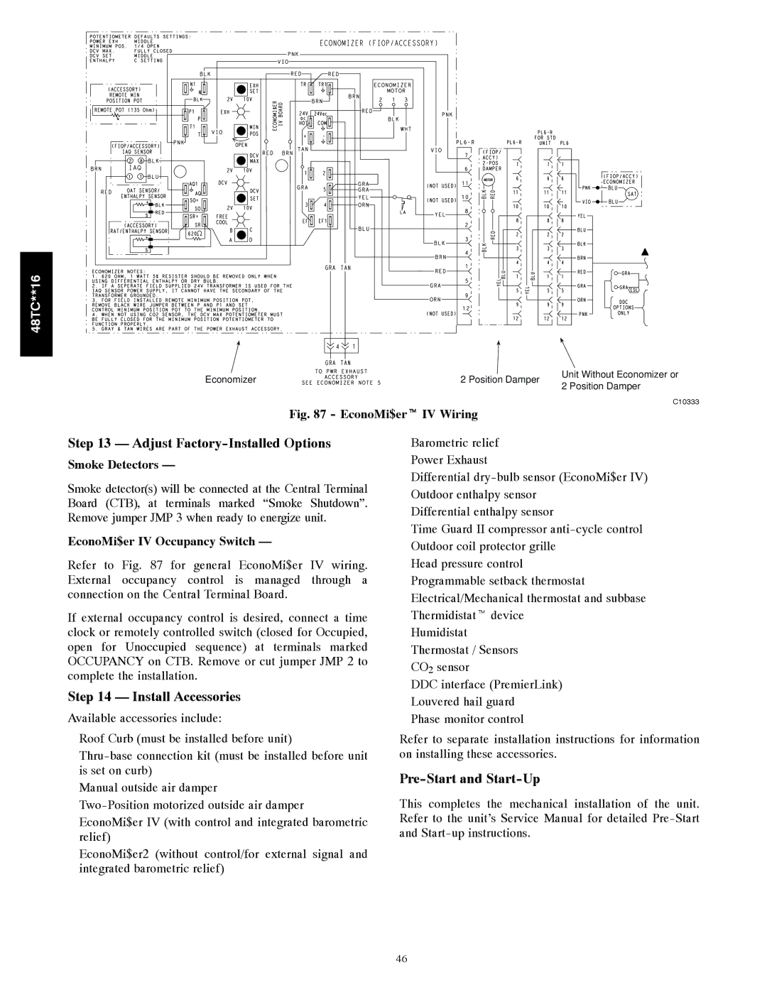 Carrier 48TC**16 Adjust Factory-Installed Options, Install Accessories, Pre-Start and Start-Up, Smoke Detectors 