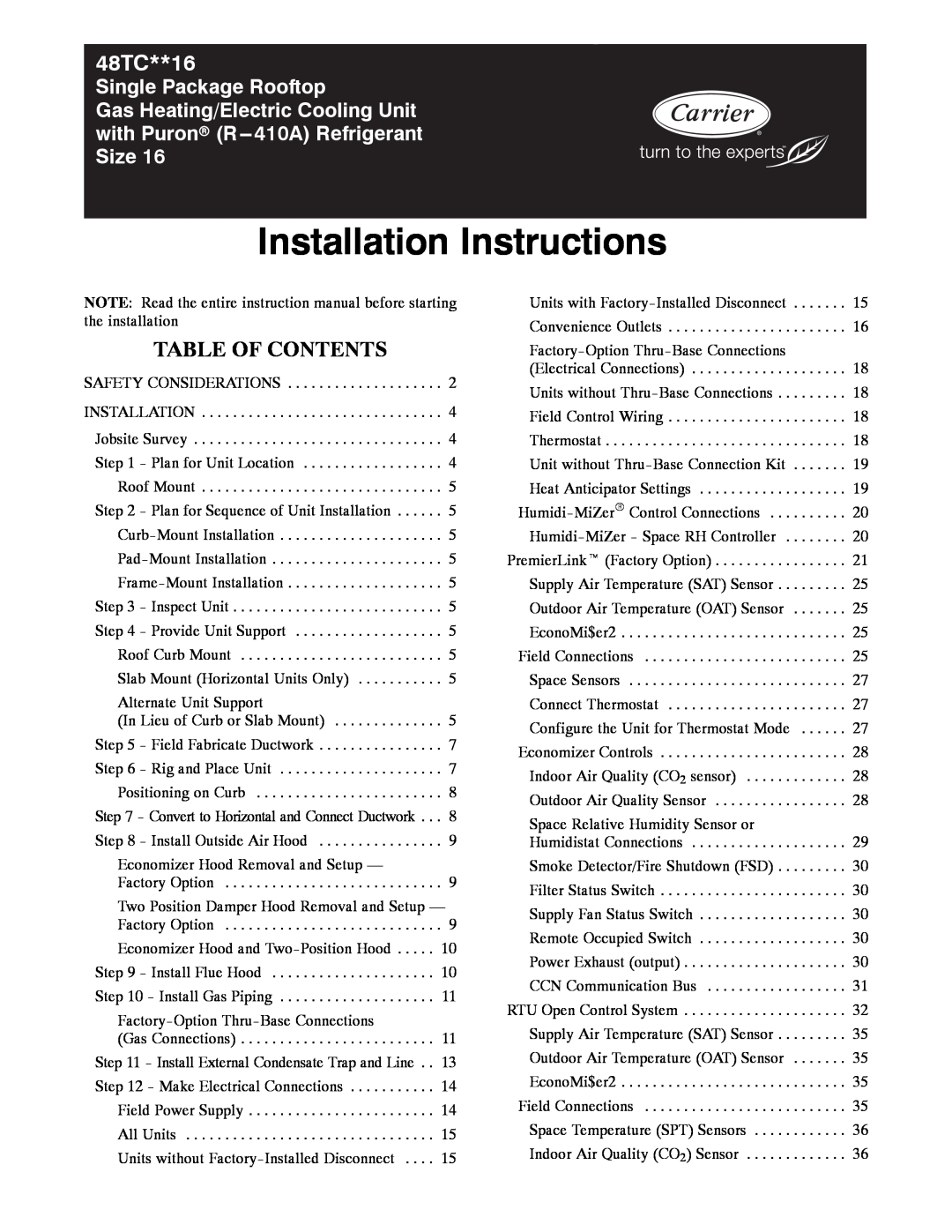 Carrier 48TC**16 installation instructions Table Of Contents, Installation Instructions, Single Package Rooftop 
