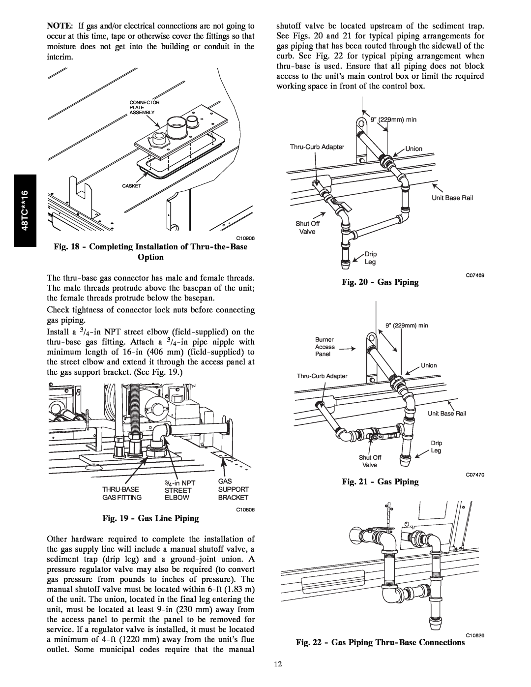 Carrier 48TC**16 installation instructions Option, Gas Line Piping, Gas Piping Thru-BaseConnections C10826 