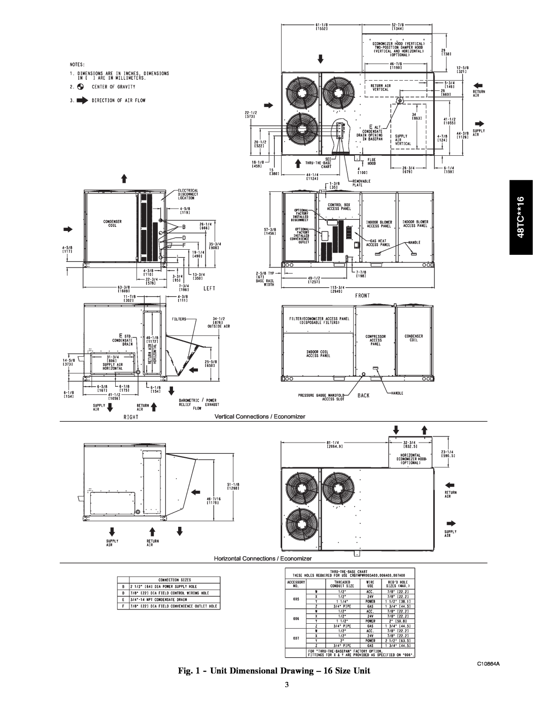 Carrier 48TC**16 installation instructions Unit Dimensional Drawing – 16 Size Unit, Vertical Connections / Economizer 