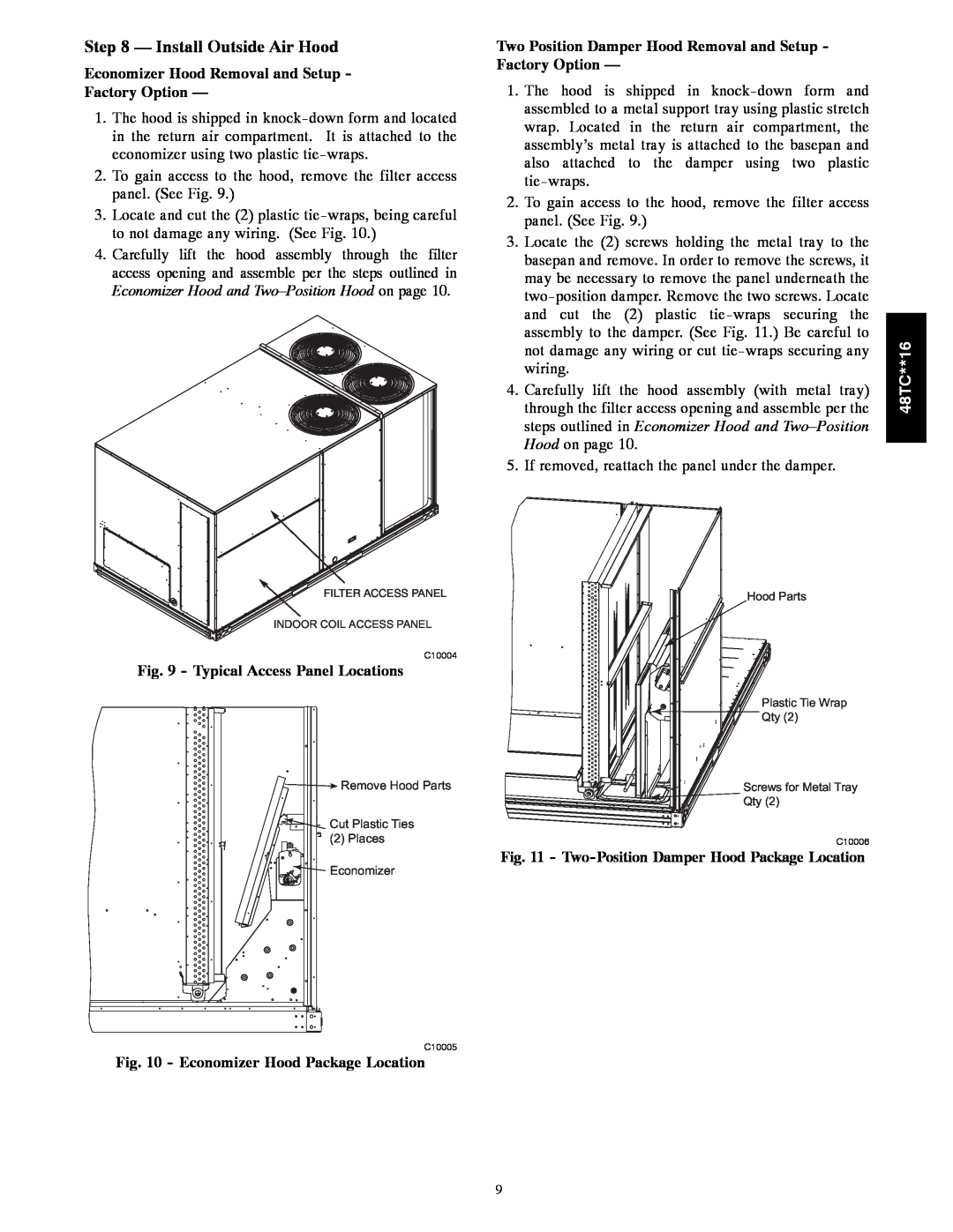 Carrier 48TC**16 installation instructions Install Outside Air Hood, Economizer Hood Removal and Setup, Factory Option 
