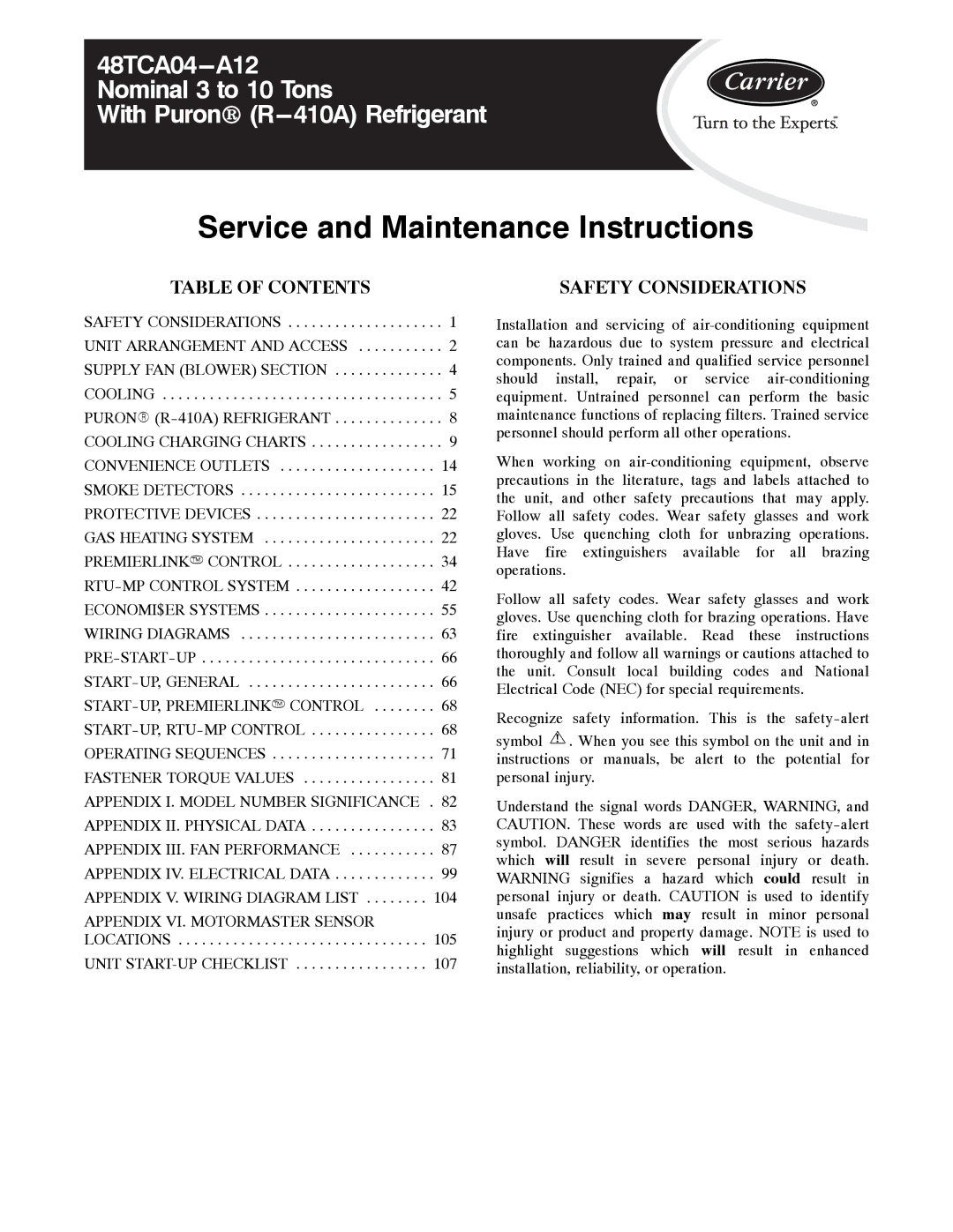 Carrier 48TCA04---A12 appendix Table of Contents, Safety Considerations 