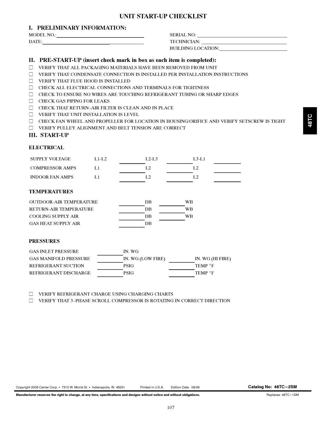 Carrier 48TCA04---A12 appendix Unit START-UP Checklist, Preliminary Information 