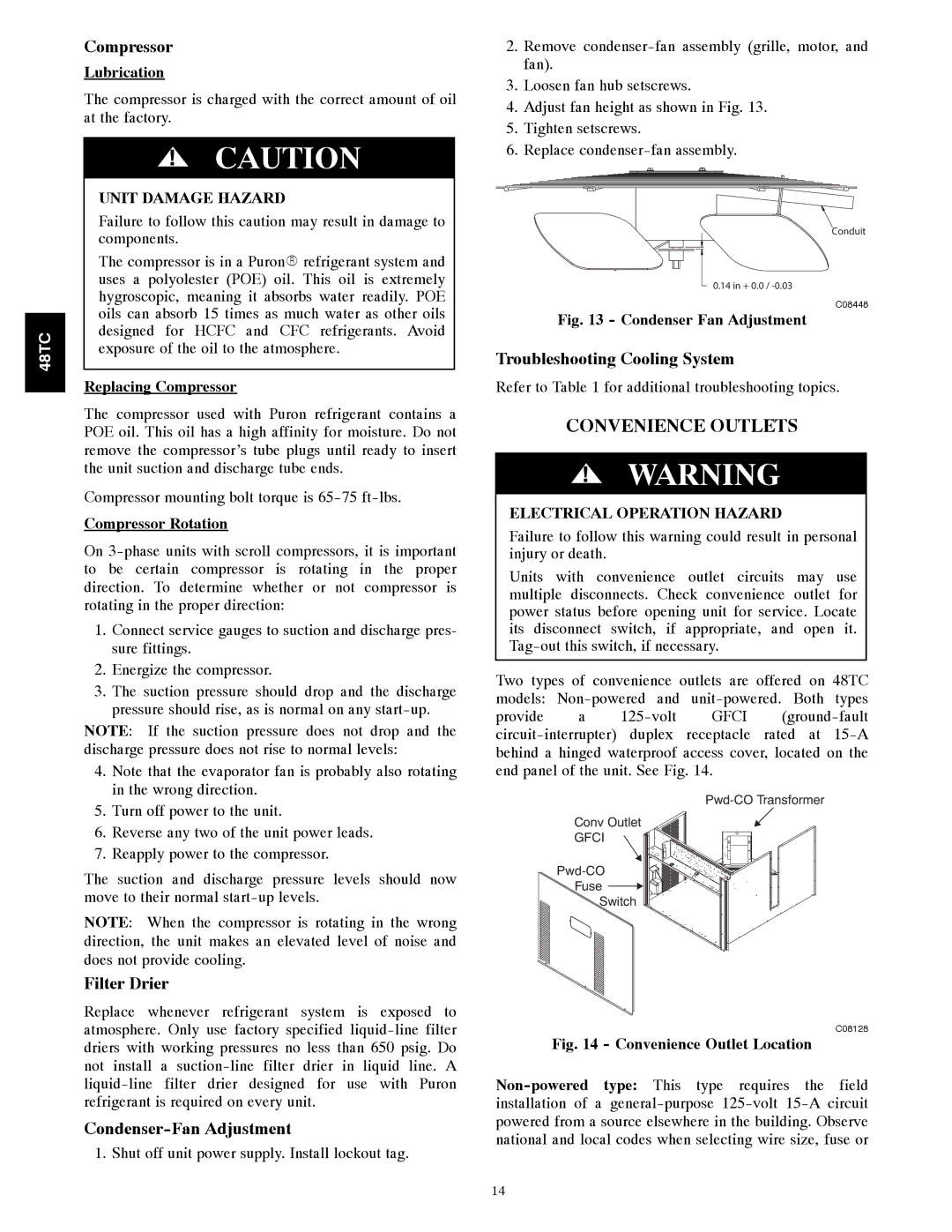 Carrier 48TCA04---A12 appendix Convenience Outlets, Compressor, Filter Drier, Condenser-Fan Adjustment 