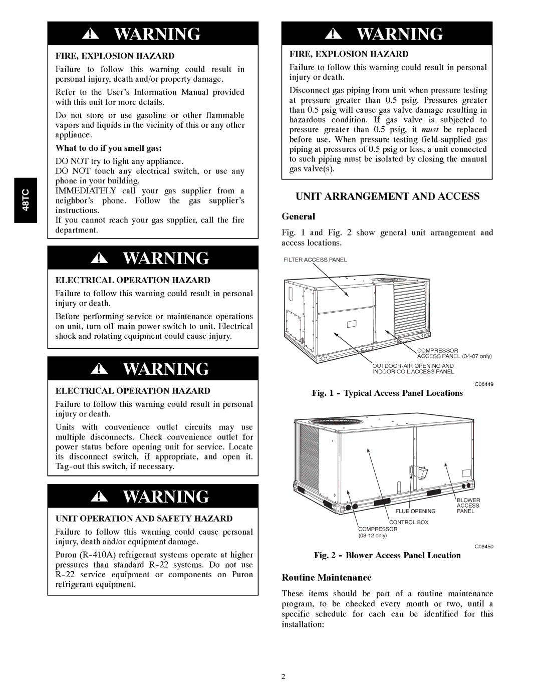 Carrier 48TCA04---A12 appendix Unit Arrangement and Access, General, Routine Maintenance, What to do if you smell gas 