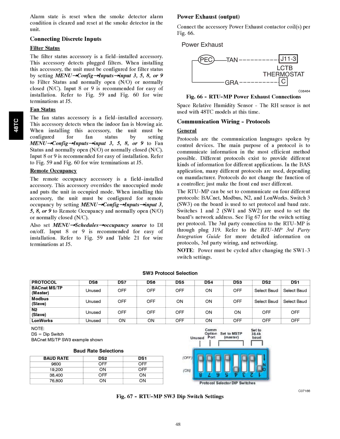 Carrier 48TCA04---A12 appendix Connecting Discrete Inputs, Power Exhaust output, Communication Wiring Protocols 