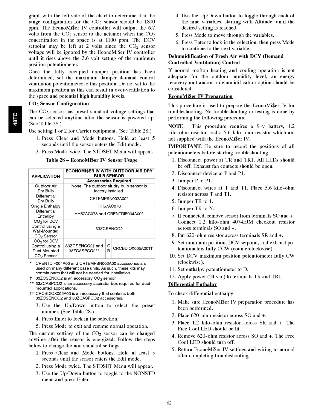 Carrier 48TCA04---A12 appendix CO2 Sensor Configuration, EconoMi$er IV Sensor Usage, EconoMi$er IV Preparation 