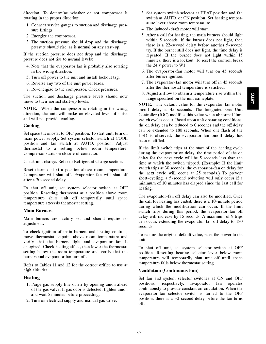 Carrier 48TCA04---A12 appendix Cooling, Main Burners, Heating, Ventilation Continuous Fan 