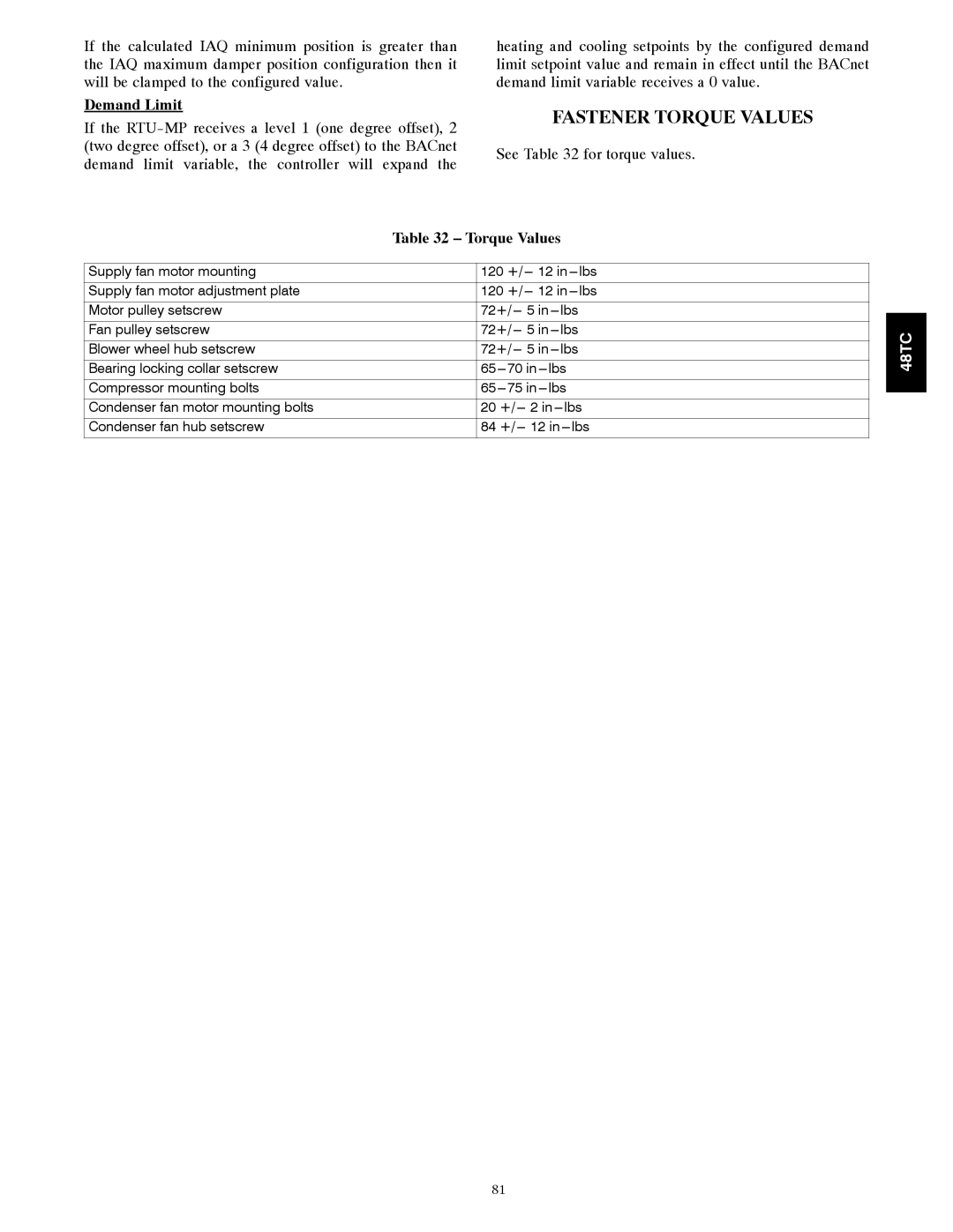 Carrier 48TCA04---A12 appendix Fastener Torque Values, Demand Limit 