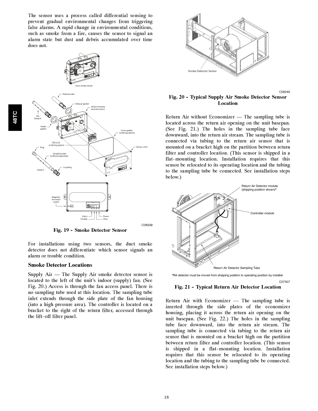 Carrier 48TC*D08 appendix Smoke Detector Locations, Typical Supply Air Smoke Detector Sensor Location 