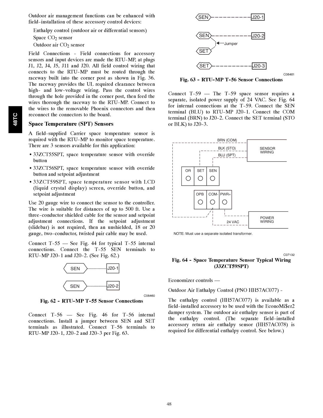 Carrier 48TC*D08 appendix Space Temperature SPT Sensors, RTU-MP T-55 Sensor Connections 