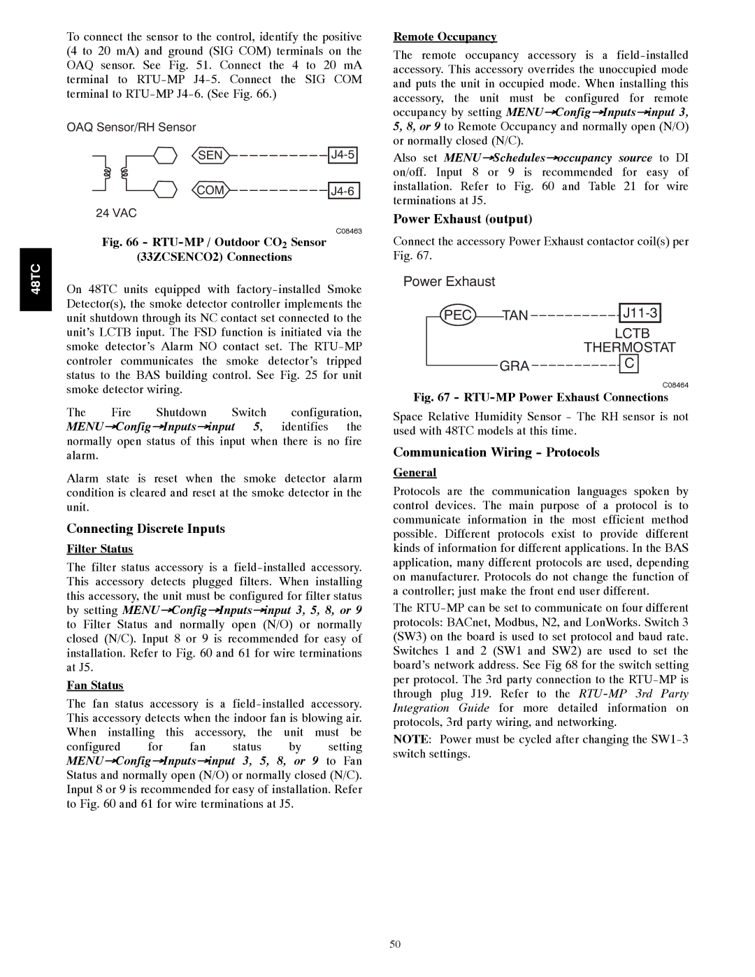 Carrier 48TC*D08 appendix Connecting Discrete Inputs, Power Exhaust output, Communication Wiring Protocols 