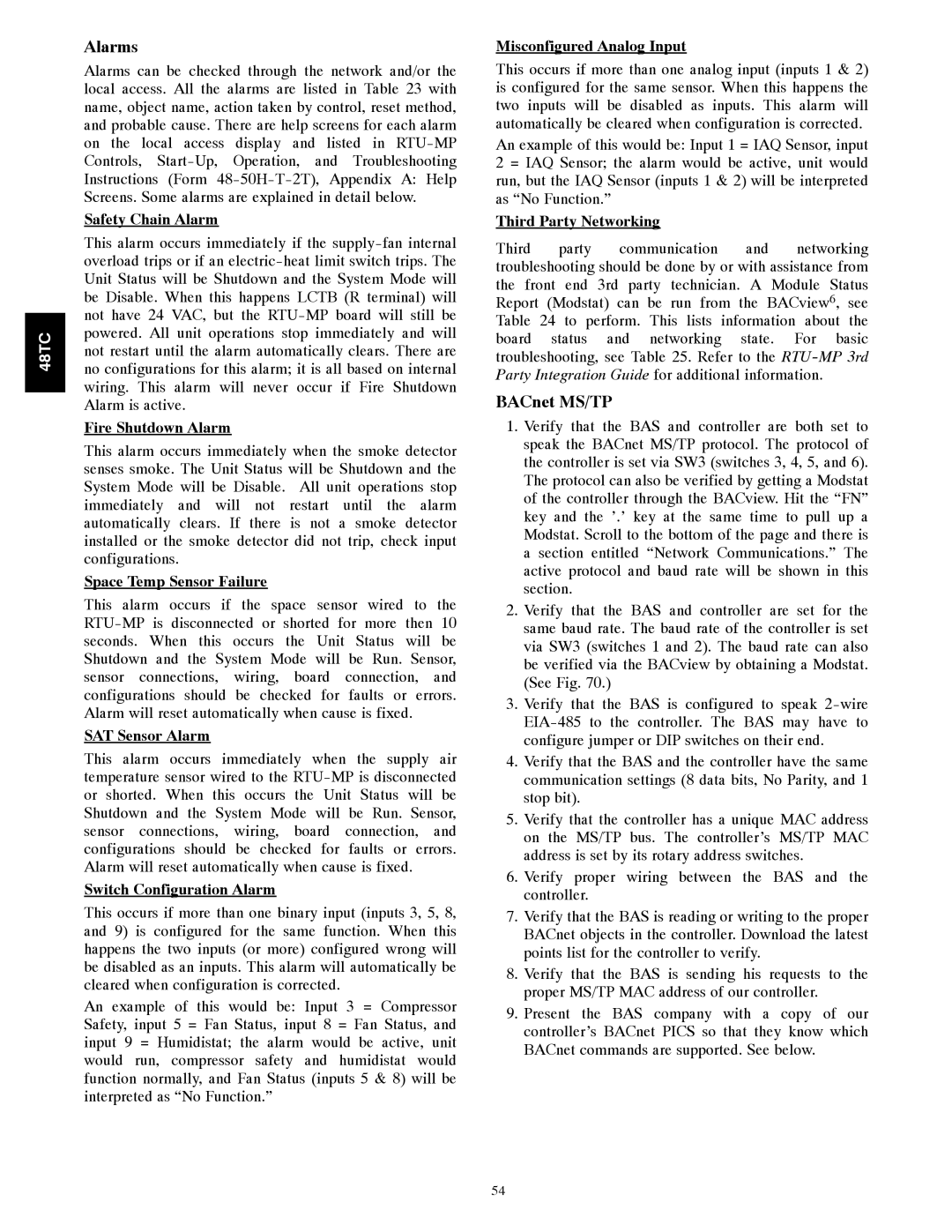 Carrier 48TC*D08 appendix Alarms, BACnet MS/TP 