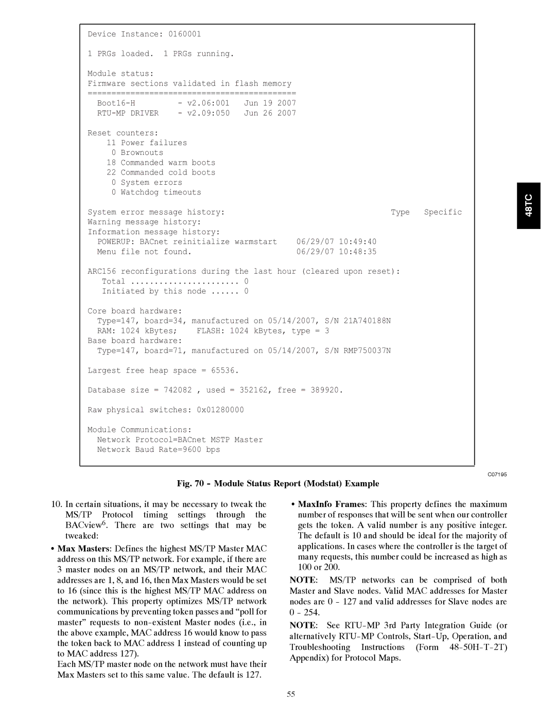 Carrier 48TC*D08 appendix Module Status Report Modstat Example 