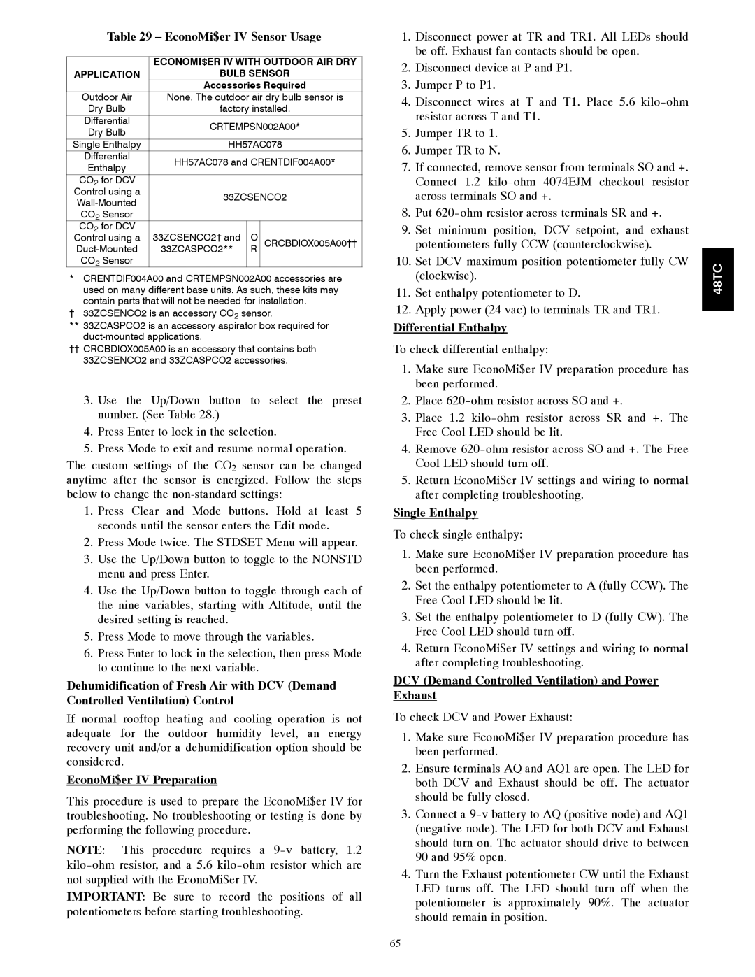 Carrier 48TC*D08 appendix EconoMi$er IV Sensor Usage, EconoMi$er IV Preparation, Differential Enthalpy, Single Enthalpy 