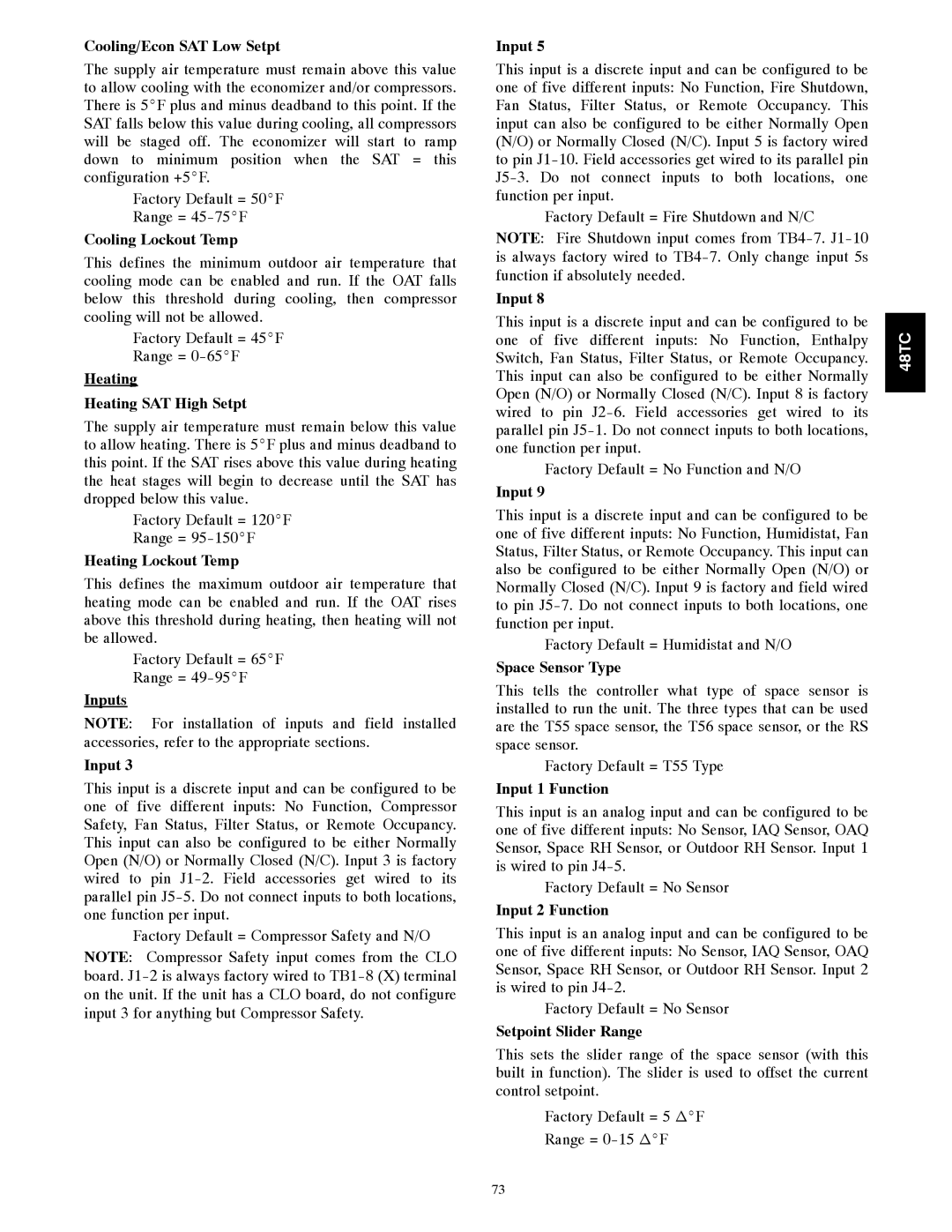 Carrier 48TC*D08 Cooling/Econ SAT Low Setpt, Cooling Lockout Temp, Heating Heating SAT High Setpt, Heating Lockout Temp 
