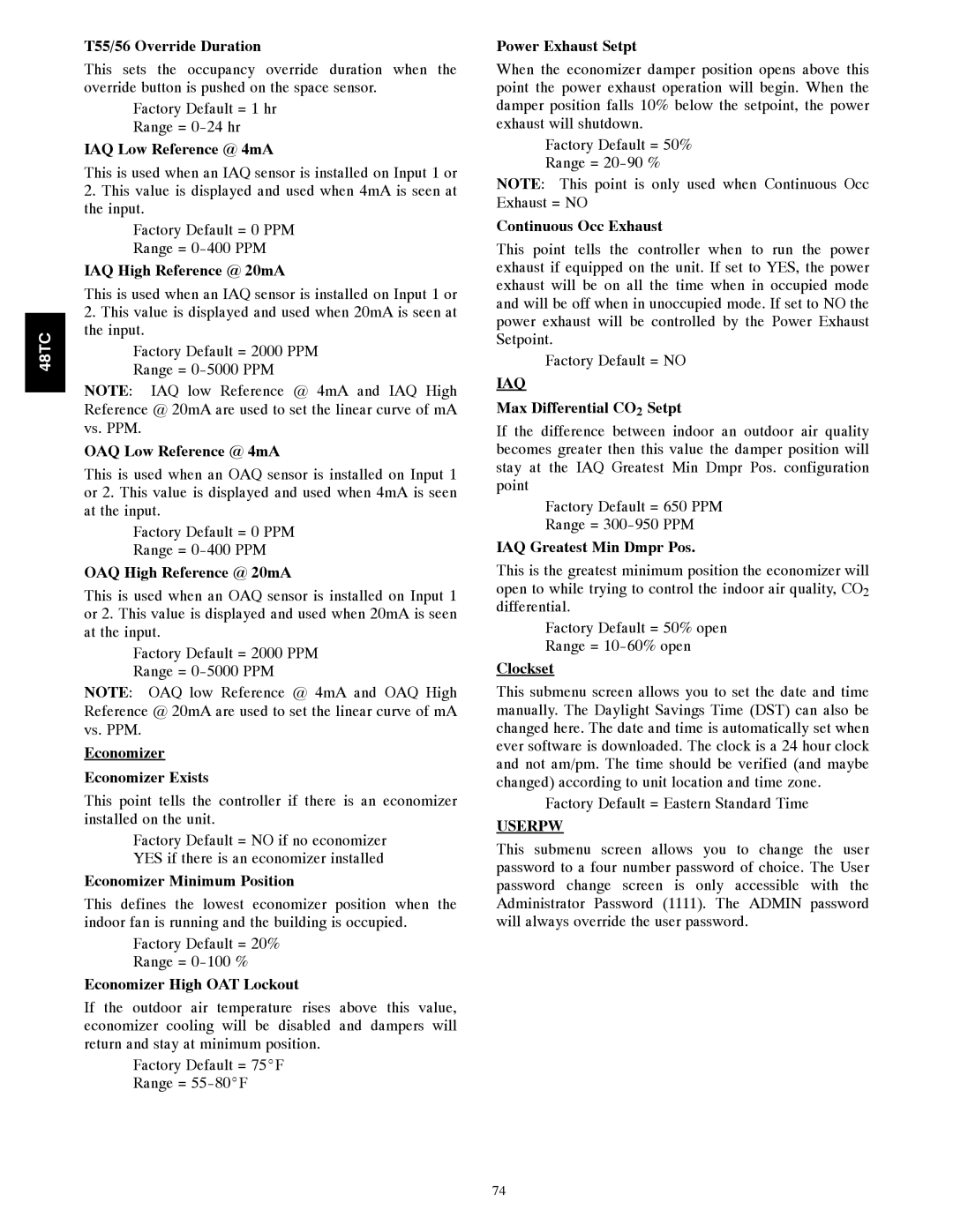 Carrier 48TC*D08 T55/56 Override Duration, IAQ Low Reference @ 4mA, IAQ High Reference @ 20mA, OAQ Low Reference @ 4mA 