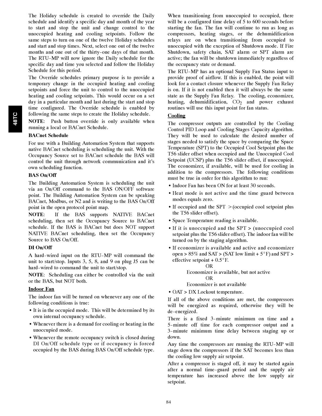 Carrier 48TC*D08 appendix BACnet Schedule, BAS On/Off, DI On/Off, Indoor Fan, Cooling 