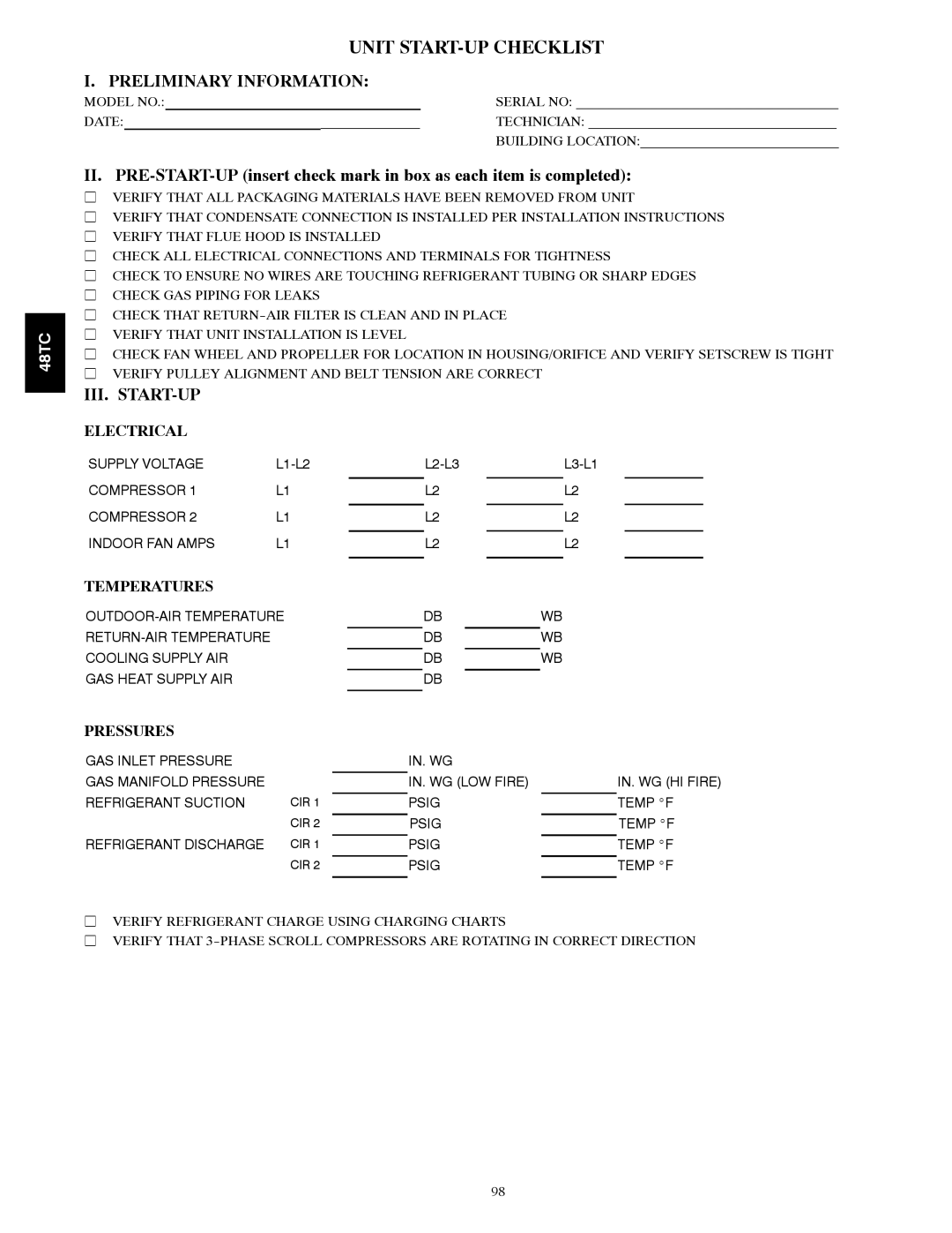 Carrier 48TC*D08 appendix Unit START-UP Checklist, Preliminary Information 