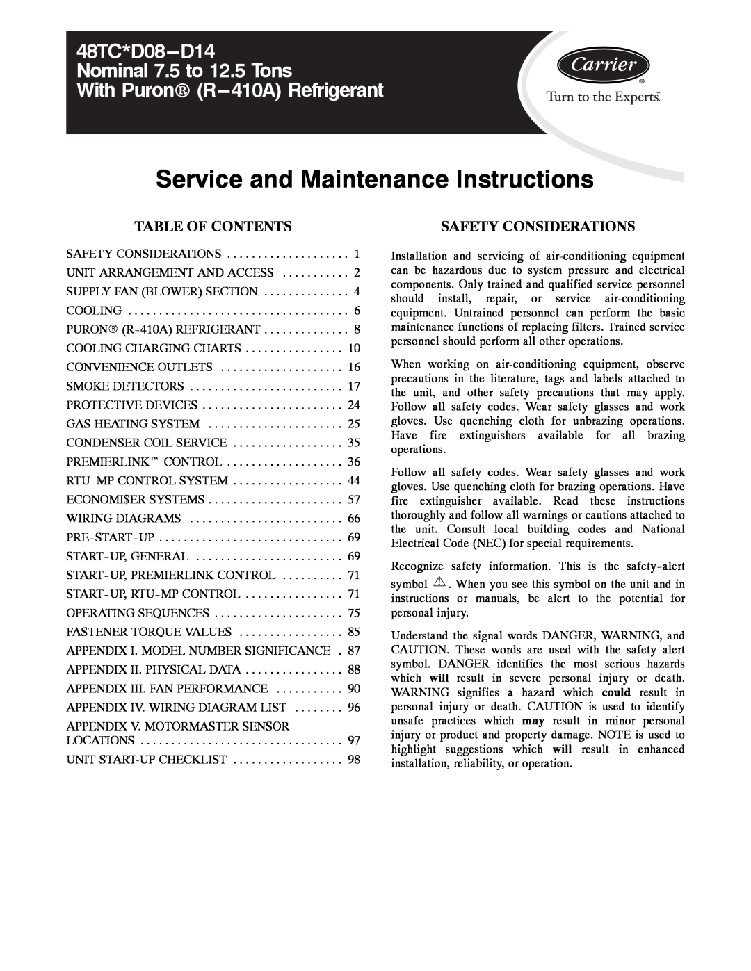 Carrier 48TC*D08 appendix Table Of Contents, Safety Considerations, Service and Maintenance Instructions 