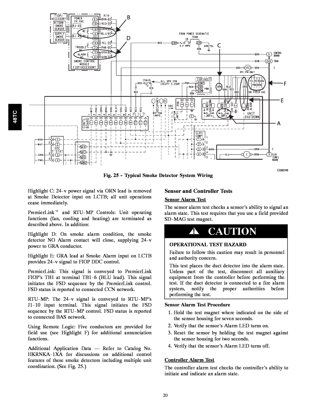 Carrier 48TC*D08 appendix Sensor and Controller Tests, Typical Smoke Detector System Wiring, Sensor Alarm Test, B D C F E A 