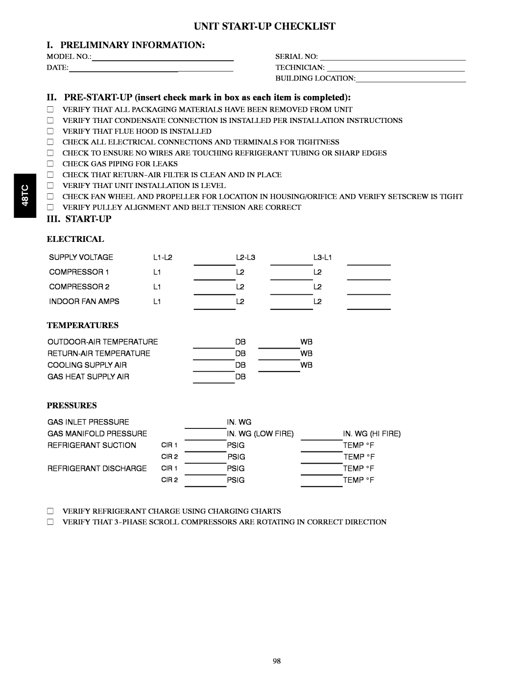Carrier 48TC*D08 Unit Start-Upchecklist, I. Preliminary Information, Iii. Start-Up, Electrical, Temperatures, Pressures 