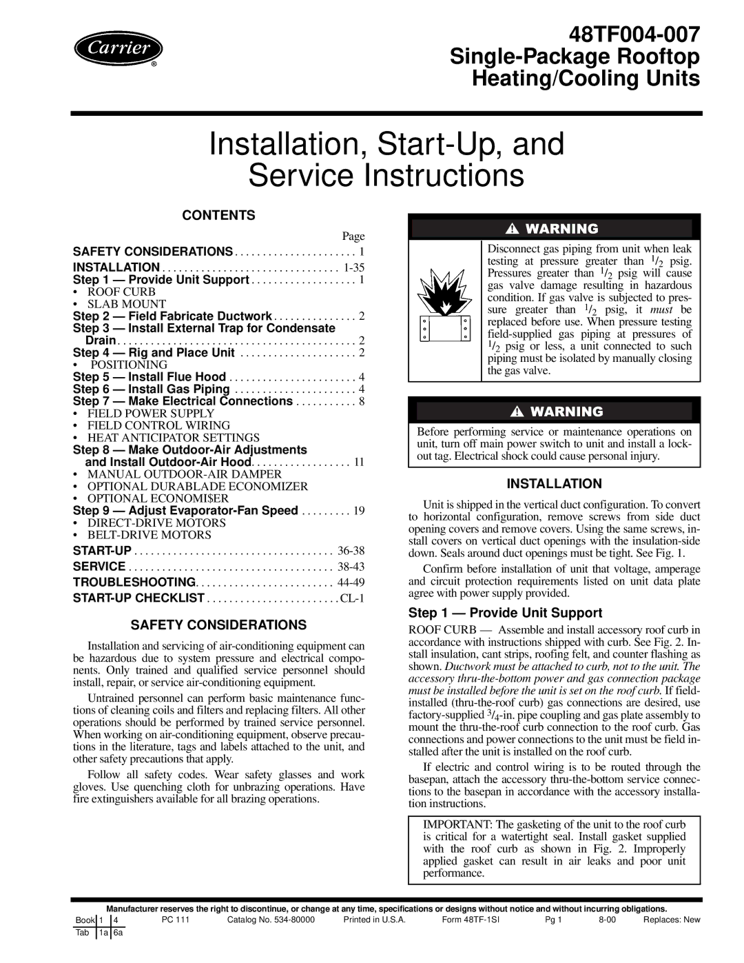 Carrier 48TF004-007 specifications Installation, Start-Up, Service Instructions 