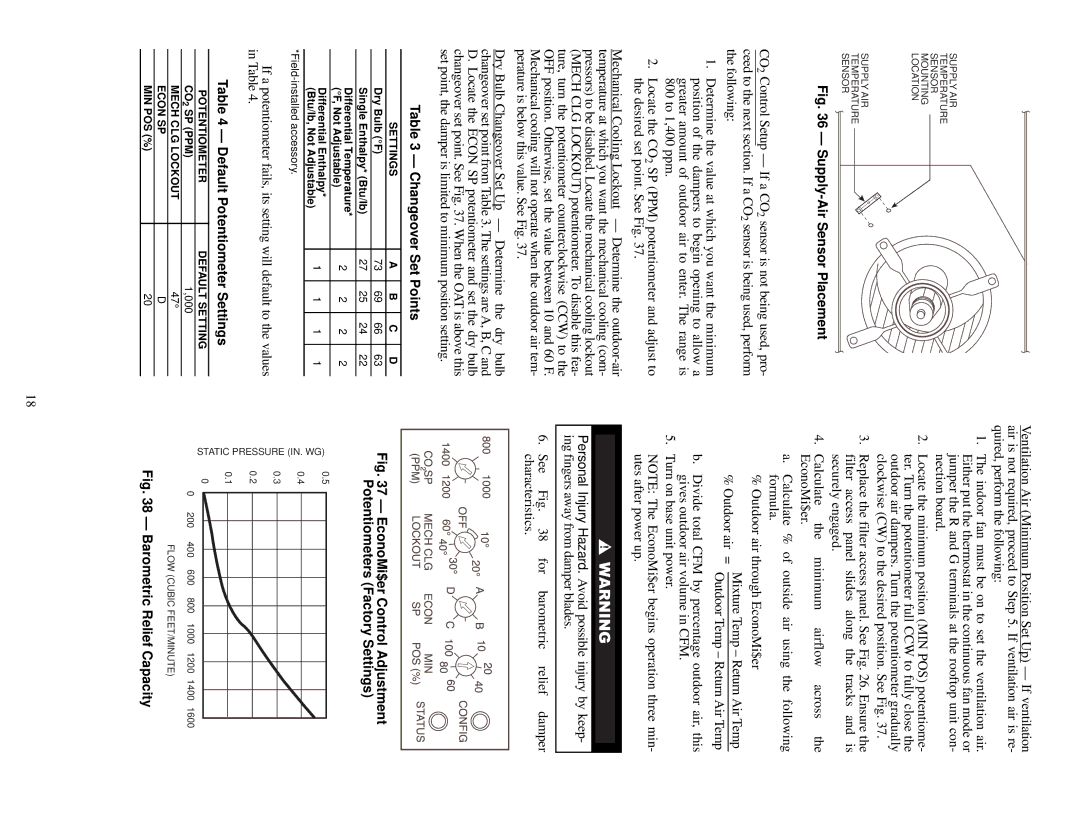 Carrier 48TF004-007 Chan geover Set Points, Default Potentiometer Settin gs, Settings, Mech CLG Lockout Econ SP MIN POS % 