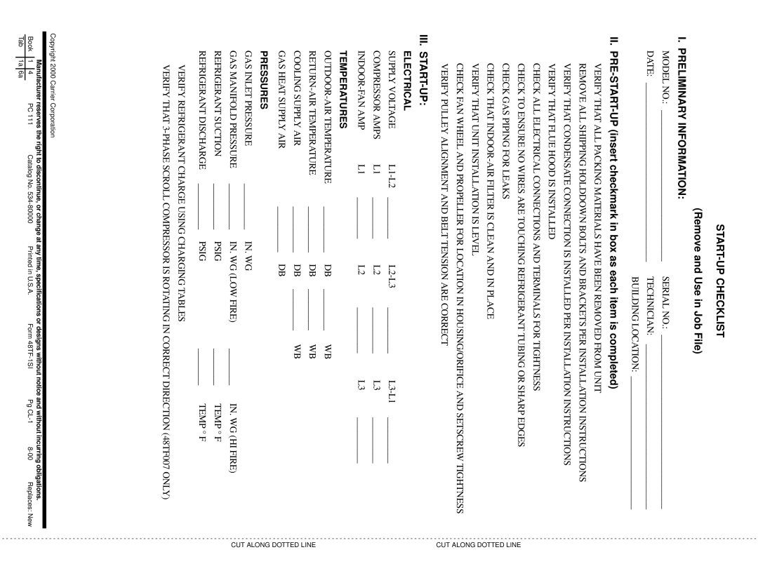 Carrier 48TF004-007 specifications Remove and Use in Job File, Preliminary Information 