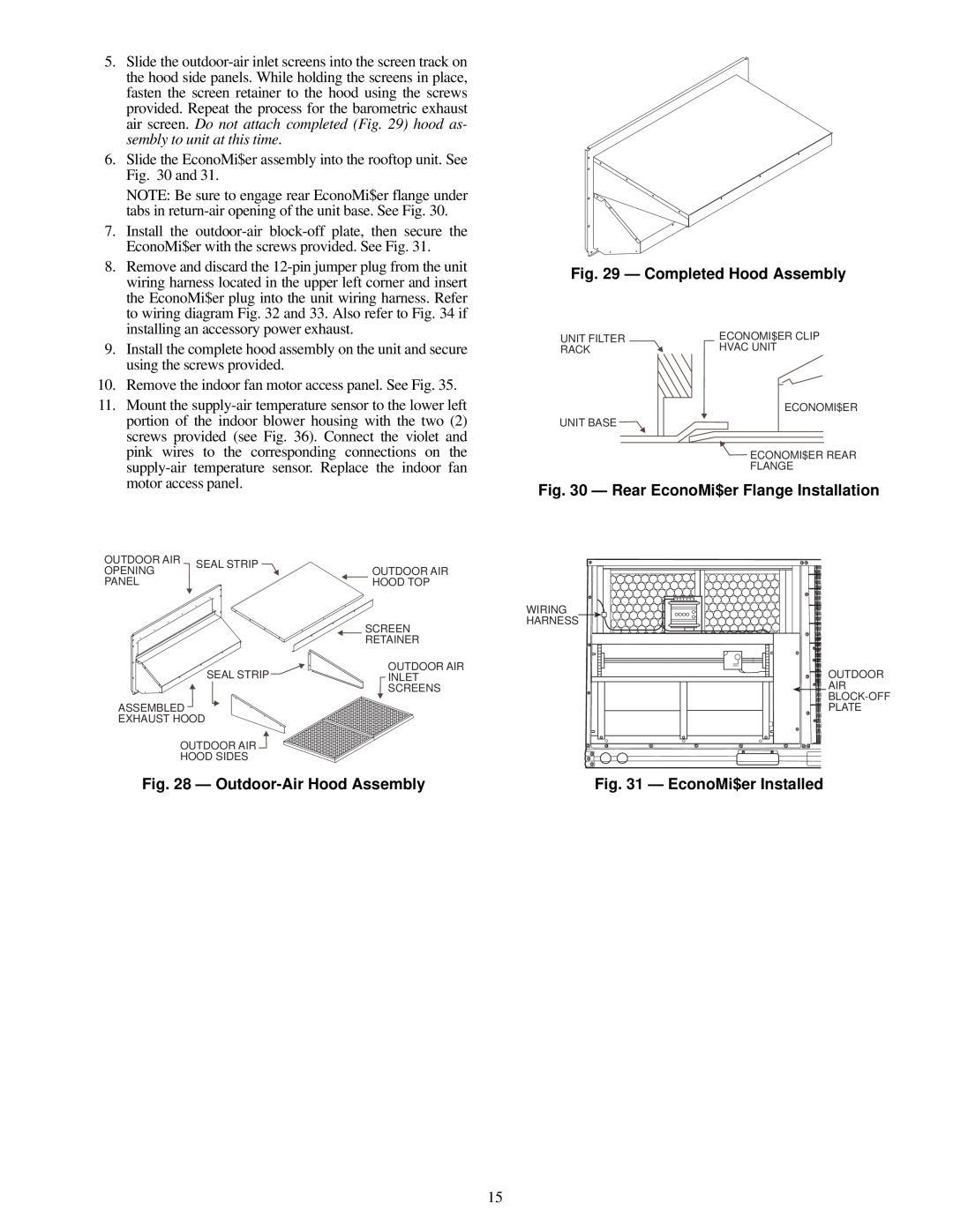 Carrier 48TF004-007 specifications Completed Hood Assembly, Rear EconoMi$er Flange Installation, Outdoor-AirHood Assembly 