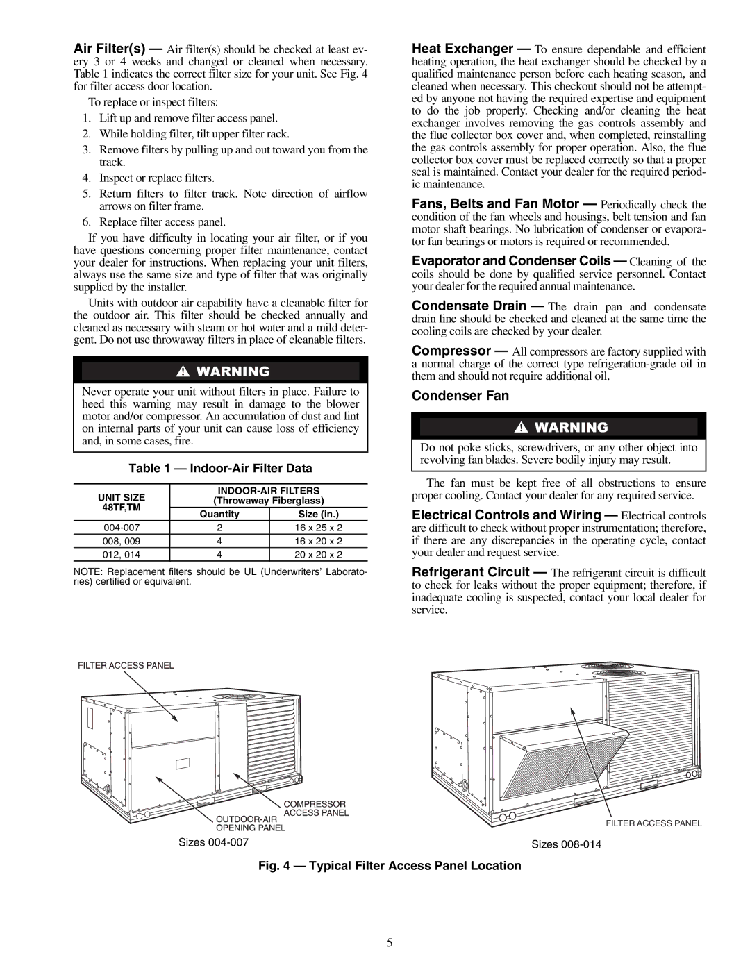 Carrier 48TM004-014, 48TF004-014 specifications Indoor-Air Filter Data, Filter Access Panel 