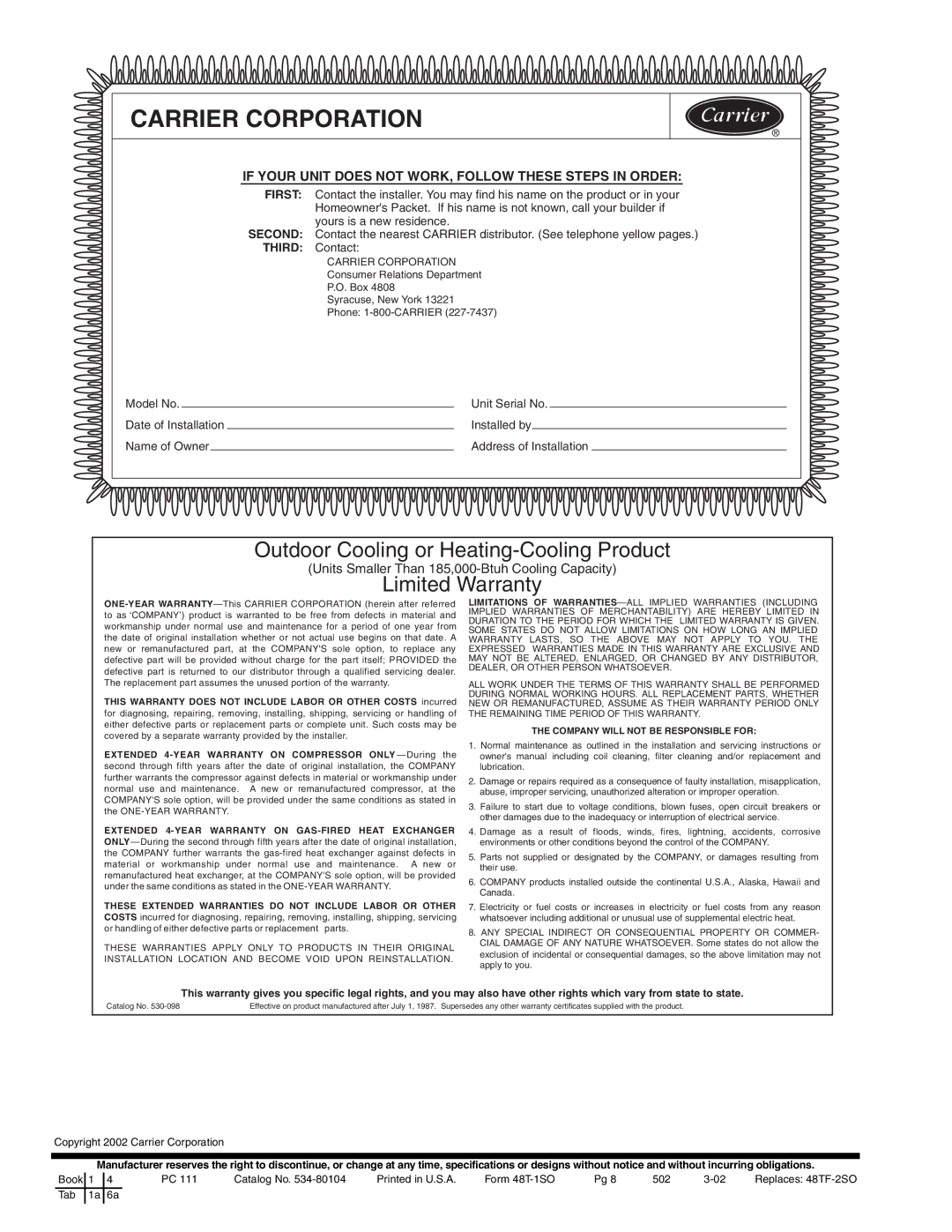 Carrier 48TF004-014, 48TM004-014 specifications Carrier Corporation 