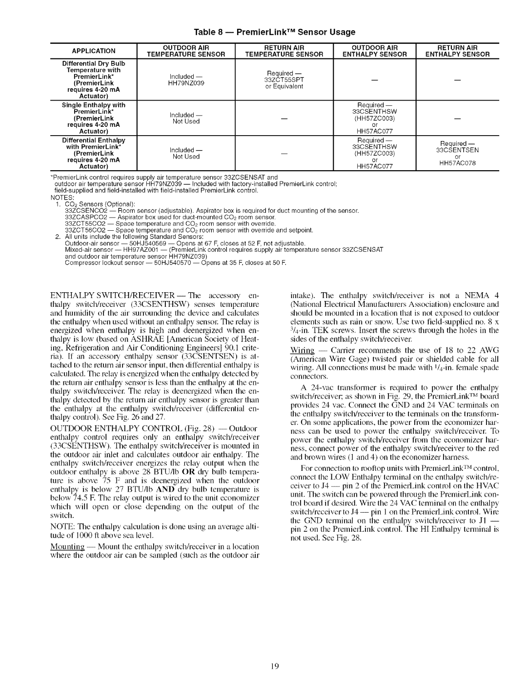 Carrier 48TJ016-028 specifications Outdoor AIR Return, Application Temperature Sensor Enthalpy 