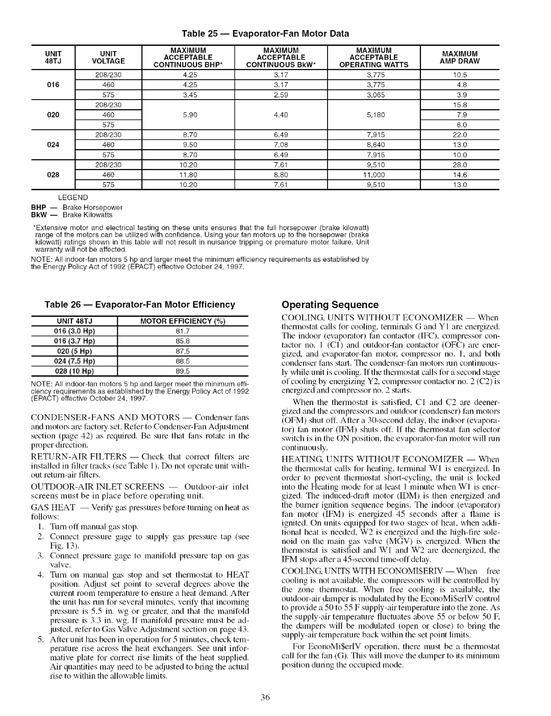 Carrier 48TJ016-028 specifications Evaporator-Fan Motor Data, Evaporator-Fan Motor Efficiency, Operating Sequence 