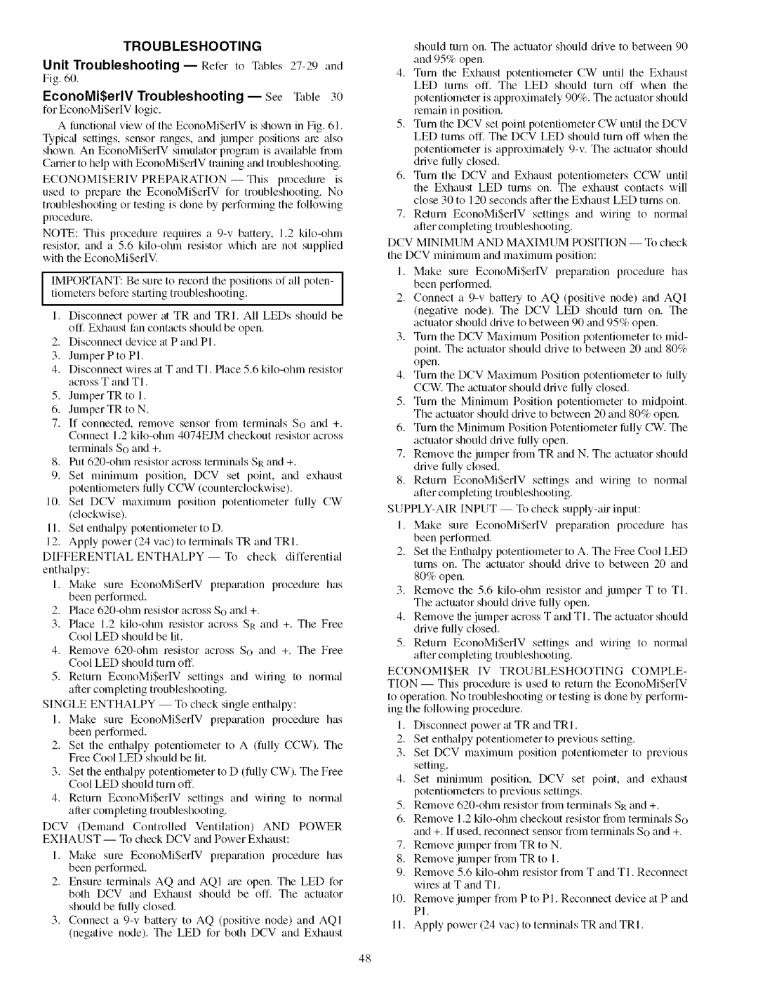 Carrier 48TJ016-028 specifications Unit Troubleshooting- Refer to Tables 27-29 