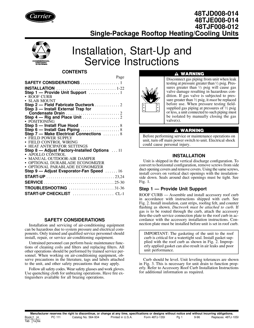 Carrier 48TJD008-014, 48TJE008-014, 48TJF008-012 installation instructions Installation, Start-Up Service Instructions 